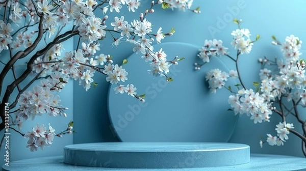 Obraz Elegant blue podium with a cherry blossom branch on a white background, perfect for product placement in cosmetics, beauty, or fashion ads