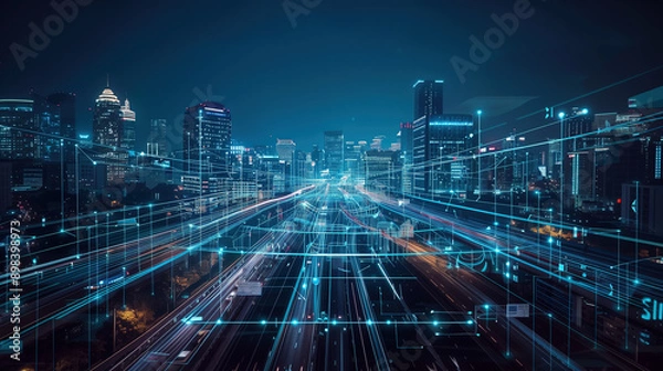 Obraz Smart City with Digital Network Overlay at Night