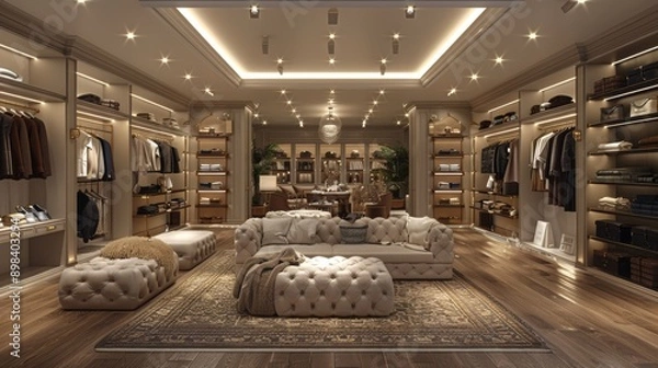 Obraz Luxurious walk in closet featuring a comfortable seating area with sofa and ottomans, ideal for relaxing while choosing the perfect outfit