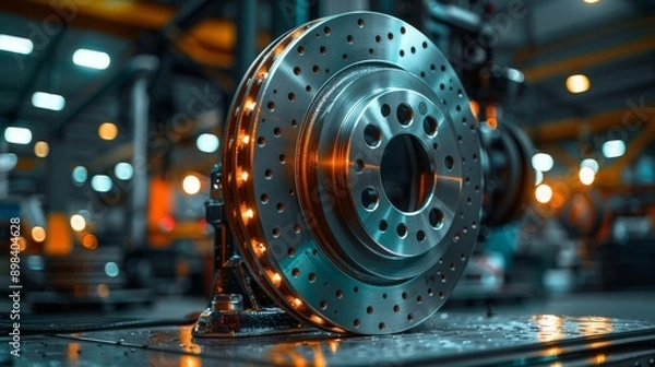 Obraz New brake disc gleams in a busy car part factory, surrounded by tools and equipment, showcasing modern automotive manufacturing precision and quality