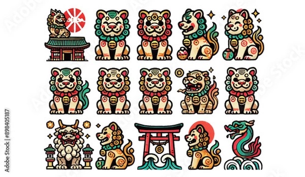 Fototapeta Set of Kawaii Shisa Statues from Okinawa in Various Poses
