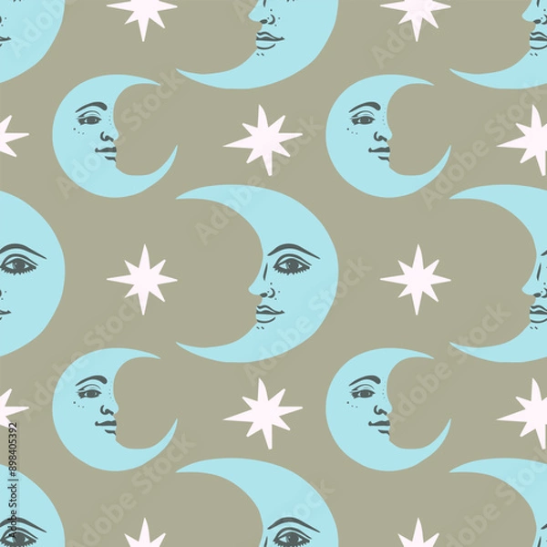 Fototapeta Vector seamless pattern with moon and stars. Vintage background in boho style.