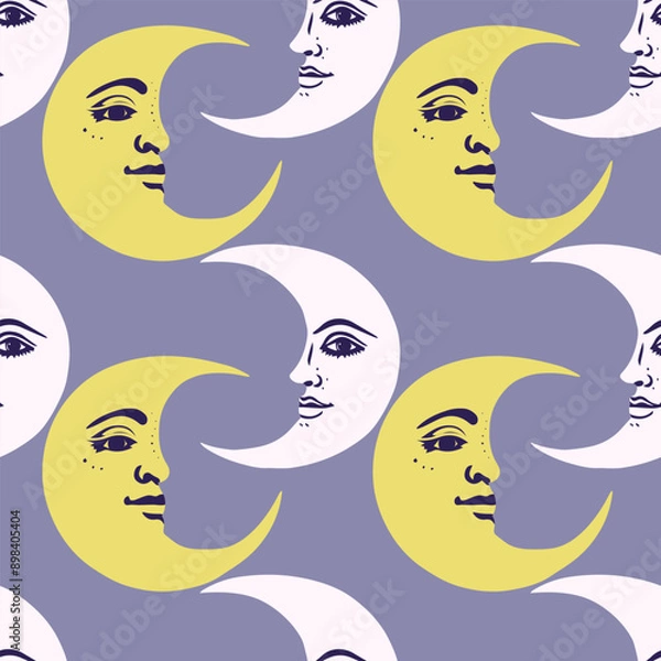 Fototapeta Crescent moons yellow and white with retro style face on grey-blue background.Vector seamless pattern.
