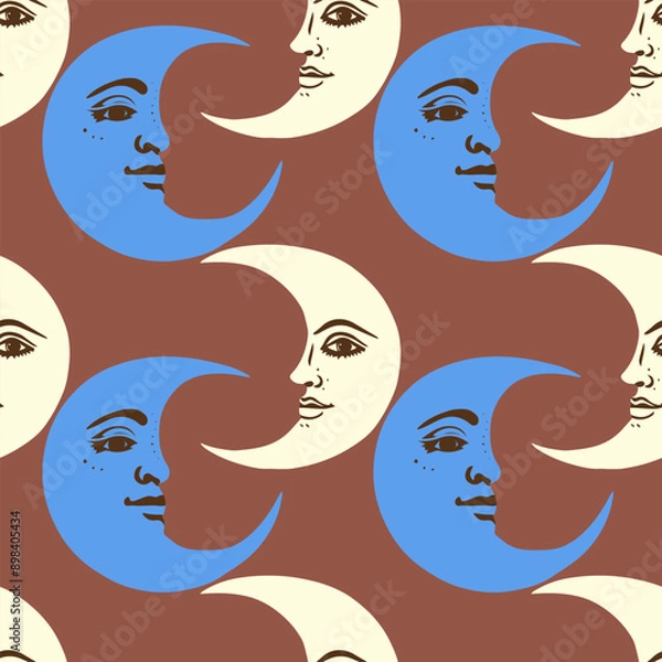 Fototapeta Crescent moons with face seamless vector pattern. Retro background with moon.
