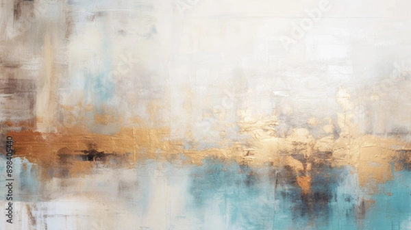 Fototapeta Abstract minimalist background design for wall decoration, poster using pastel blue, beige and golden paints. Contemporary art, oil painting.