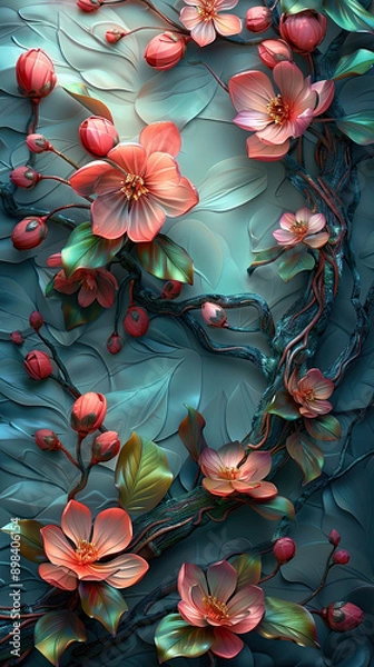 Obraz Elegant colorful with vibrant flower hanging branches illustration background. Bright color 3d abstraction wallpaper for interior mural, Generated by AI	