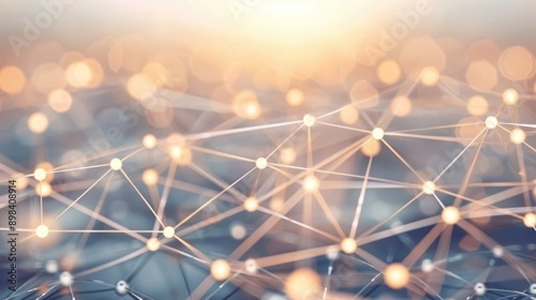 Fototapeta Abstract network connections with glowing nodes against a bokeh background.