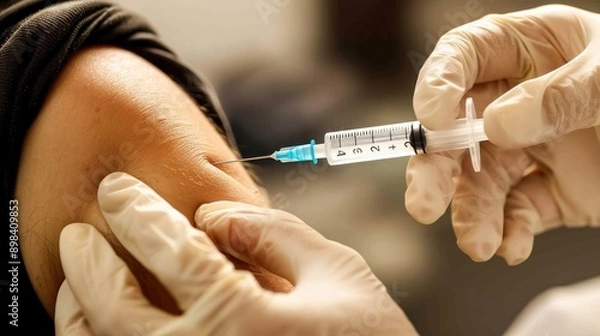 Fototapeta Close-up of a hand injecting a person's arm with a syringe.