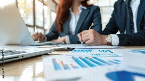 Fototapeta Close-up of a laptop and financial documents on a table in a modern office, blurred business people in the background.