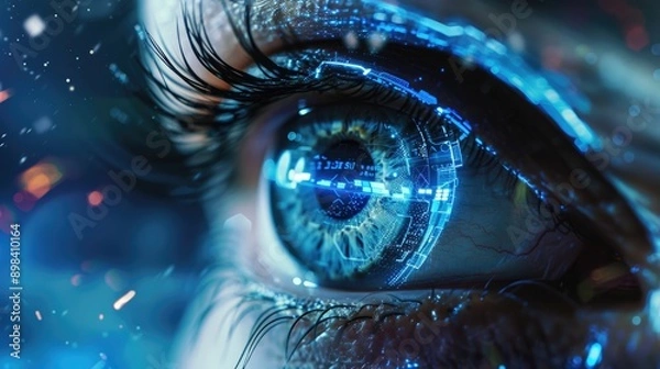 Fototapeta Close-up of a human eye with futuristic blue glowing digital interface overlay.