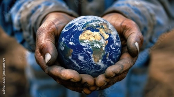 Fototapeta Close-up of rough hands holding a globe, emphasizing the fragility of the planet.