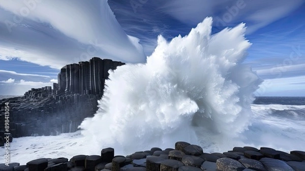 Obraz Large waves crashing against a rock breakwater on a bright, sunny day