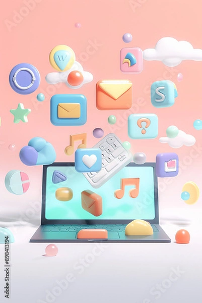 Fototapeta Floating online product icons from a laptop screen, highlighting multi-channel marketing, 3D animation render,