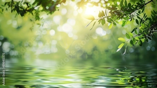 Fototapeta Tranquil scene with green leaves reflecting on still water.