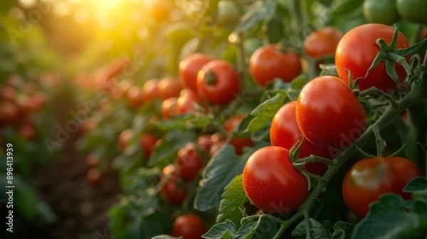 Obraz Rows of tomato plants laden with ripe red tomatoes growing on the vine in a greenhouse, bathed in the golden glow of sunset