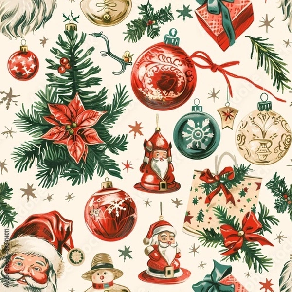 Fototapeta A seamless pattern displaying Christmas ornaments and wrapping paper with vintage Santa Claus illustrations, meticulously arranged