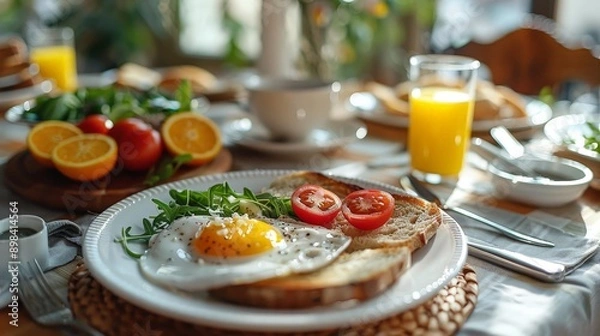 Fototapeta A table set for breakfast with eggs, toast, and orange juice