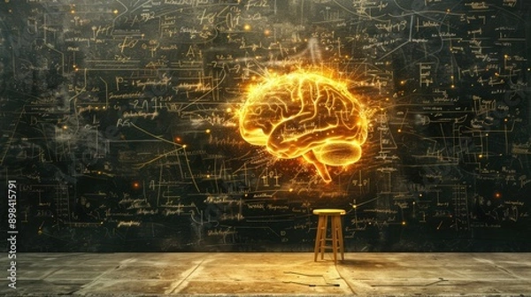 Fototapeta Golden brain light up on chalkboard background with stool.