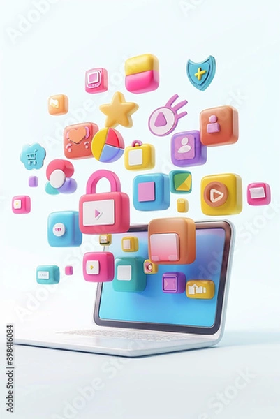 Fototapeta Floating online product icons from a laptop, representing multi-channel marketing in 3D animation,