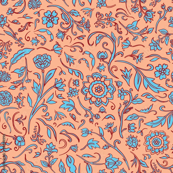 Obraz Traditional flowers with leaves seamless repeat pattern on peach fuzz background. Random placed, vector hand drawn bohemian botanic aop, all over surface print.