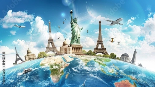 Fototapeta pic of many turistique places all around the world eiffeltower taj mahal liberty statut 