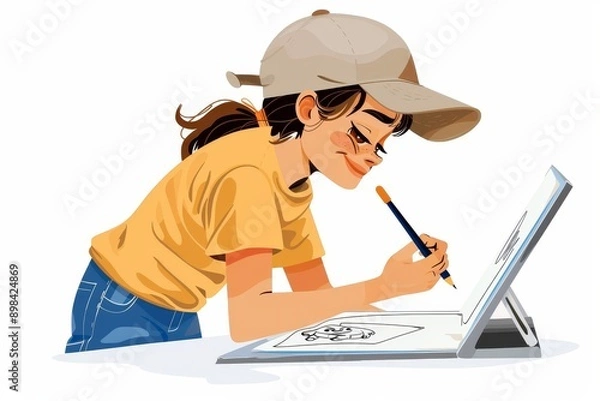 Fototapeta Young Artist Drawing on a Tablet While Wearing a Cap