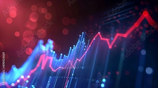 Fototapeta Glowing neon abstract minimalistic Financial Graph with uptrend line and chart, stock market on black background with numbers and info graph