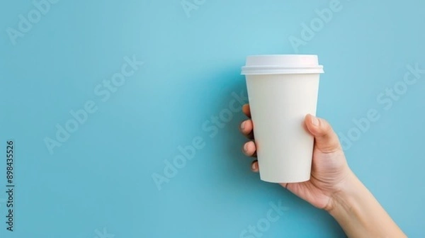 Fototapeta hand holding a white disposable takeaway paper coffee cup on blue background,. Close up, mockup image, copy space for text, generative ai
