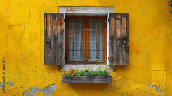 Obraz Rustic charm emanates from an old window adorned with a flower box, injecting vibrancy into a weathered yellow wall