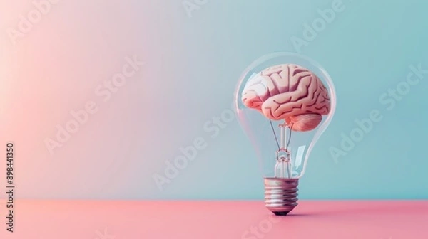 Fototapeta Human brain inside the electric light bulb isolated on pastel background, Creative thinking, inspiration. Innovation, innovative technology, idea, Problem solving concept, copy space for text