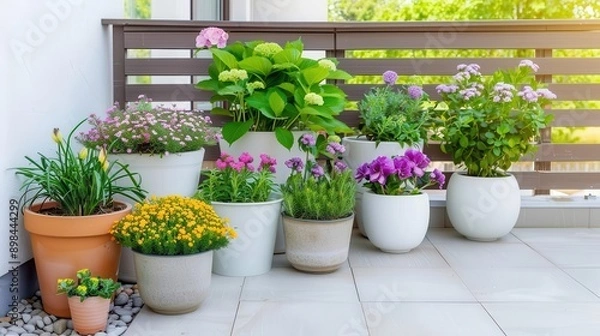 Fototapeta Small garden with container plants on a terrace, easy to maintain