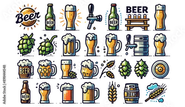 Fototapeta Hand-drawn Various Beer Bottles Glasses and Hops
