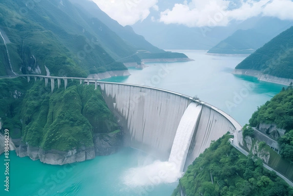 Fototapeta Panoramic view of river dam wall architecture, showcasing renewable and sustainable energy technology in the industry. Water reservoir infrastructure for hydroelectric power genera