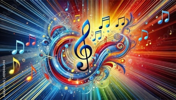 Fototapeta A vibrant abstract background with swirling lines, music notes, and a large treble clef