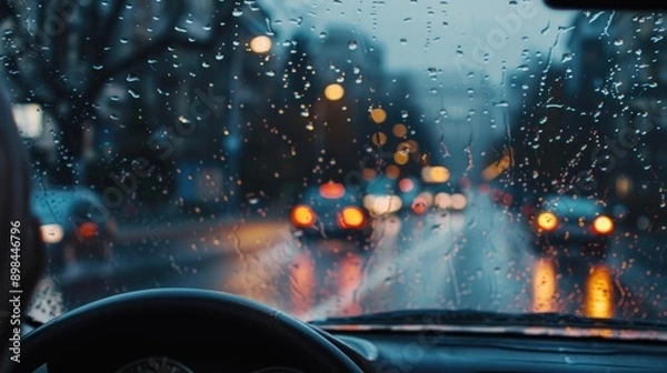 Fototapeta Driving cautiously in wet weather