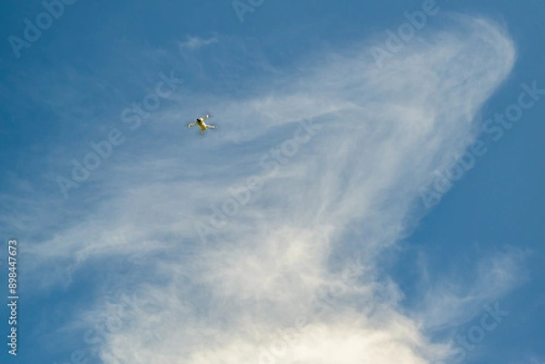Obraz Drone en vol dans un ciel bleu avec de beaux nuages blancs