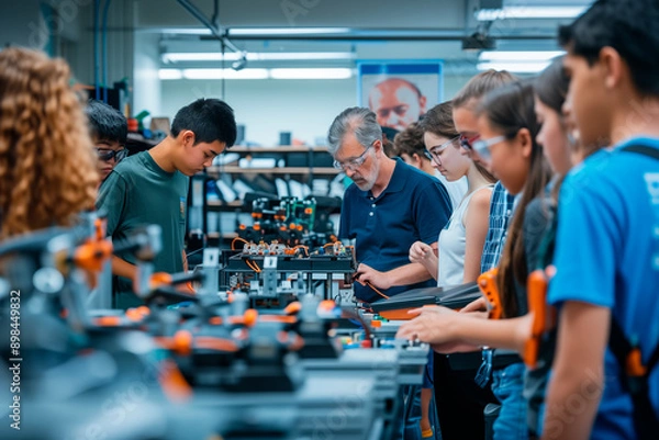 Obraz science lab where a group of high school students are actively engaged in a robotics class with the teacher