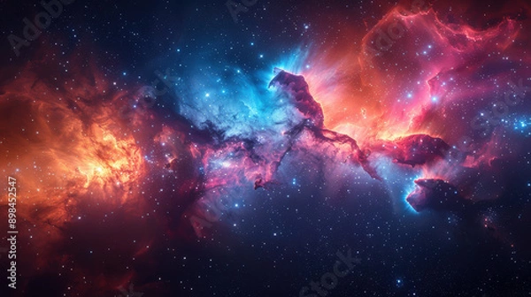 Fototapeta A colorful galaxy with a bright orange cloud in the middle. The stars are scattered throughout the sky, creating a sense of depth and wonder