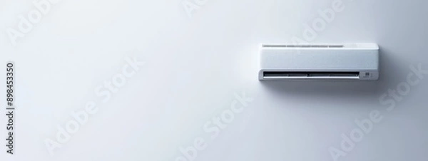 Fototapeta Modern white air conditioner mounted on a plain wall. Concept of home appliance, cooling system, indoor climate control, energy efficiency. Banner. Copy space