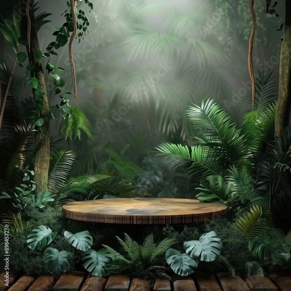 Fototapeta Jungle background with green wood pedestal, product platform, natural and tropical setting