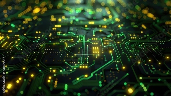 Fototapeta Glowing Green and Yellow Circuit Board Abstract Tech Wallpaper on Black Background