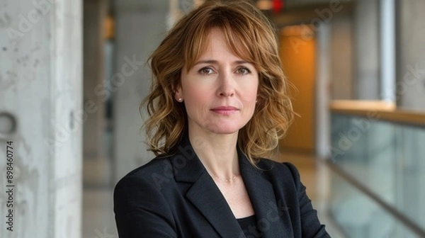 Fototapeta A confident and professional individual poses for a portrait in a modern office setting, exemplifying professionalism and determination