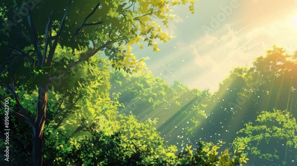 Fototapeta Sunrise Forest Rays: Morning Glow. Sunlight filters through the lush green foliage in a serene forest, casting beautiful morning rays and creating a tranquil, ethereal atmosphere
