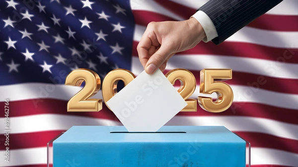 Fototapeta Hand holding ballot in voting ballot box with word 2025 3D gold on USA flag. Vote election day in United States of America. Man putting vote into ballot box against national flag of United States.