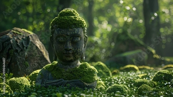 Fototapeta A photorealistic and detailed image of a Buddha statue with moss growing on it, creating a striking visual