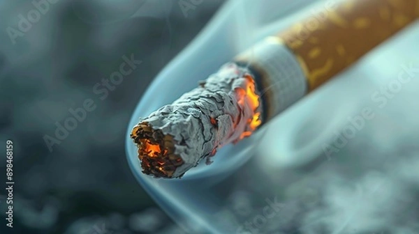 Fototapeta Close-up of a burning cigarette with visible tobacco leaves and smoke, captured against a clean background to highlight smoking