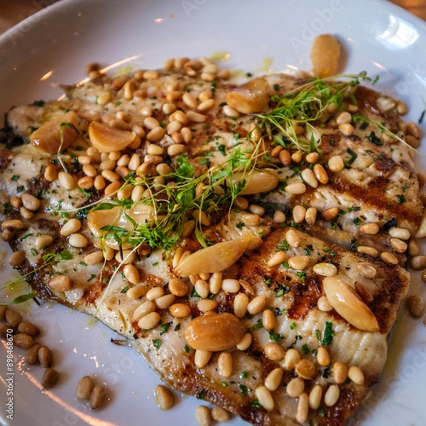 Obraz Roasted Trout with Pine Nuts Garlic and Herbs