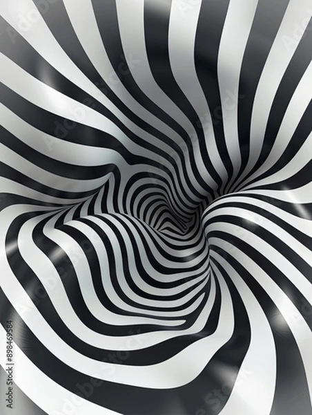 Fototapeta Abstract Fibonacci spiral in white with black stripes, featuring a hypnotic optical illusion, perfect for digital media and graphic design.