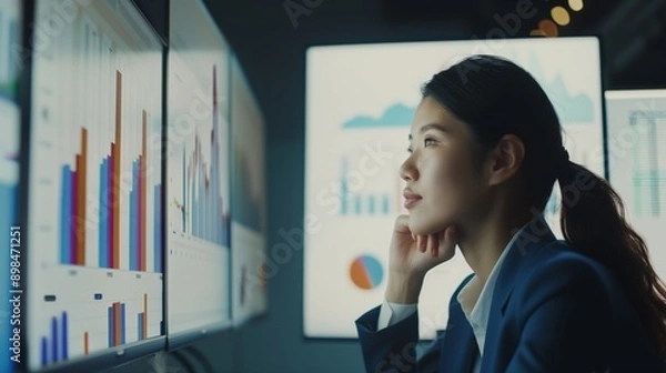 Fototapeta Businesswoman Analyzing Financial Data Monitors Market Trends Focused Confident