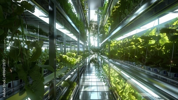 Fototapeta A view down the aisle of a vertical farm, showing shelves of plants growing under artificial light.